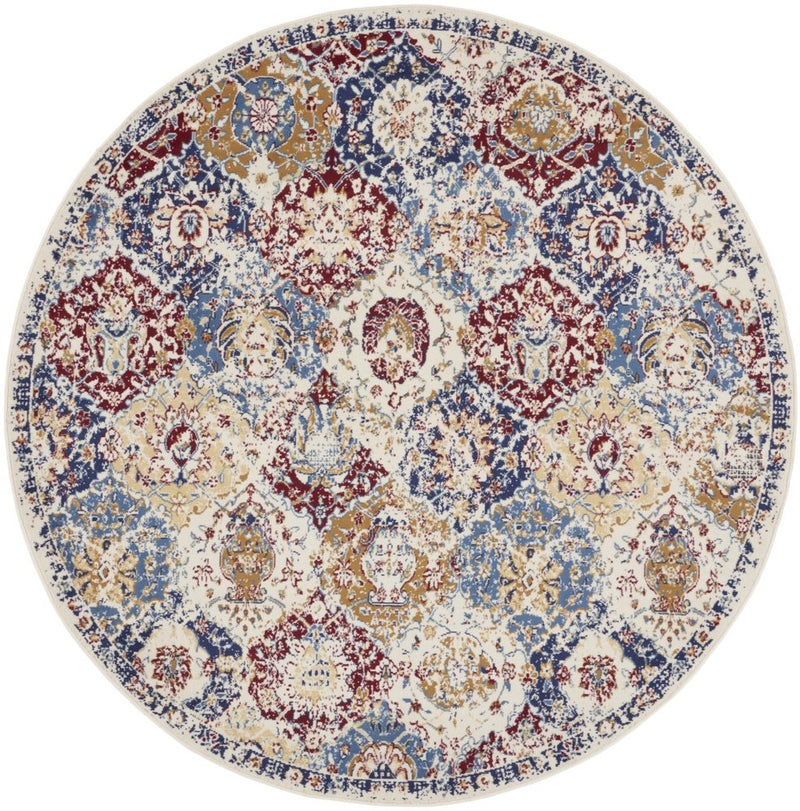 5' Ivory Red and Blue Ogee Distressed Non Skid Round Rug