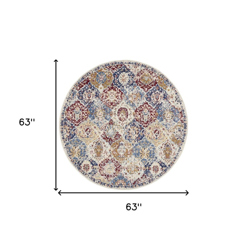 5' Ivory Red and Blue Ogee Distressed Non Skid Round Rug