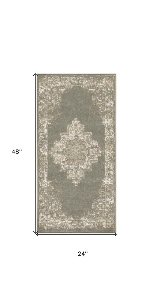 2' X 4' Green And Ivory Medallion Distressed Area Rug