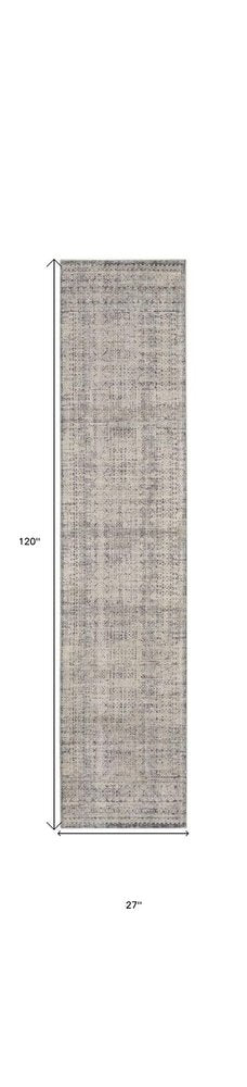 10' Ivory And Blue Geometric Distressed Runner Rug With Fringe