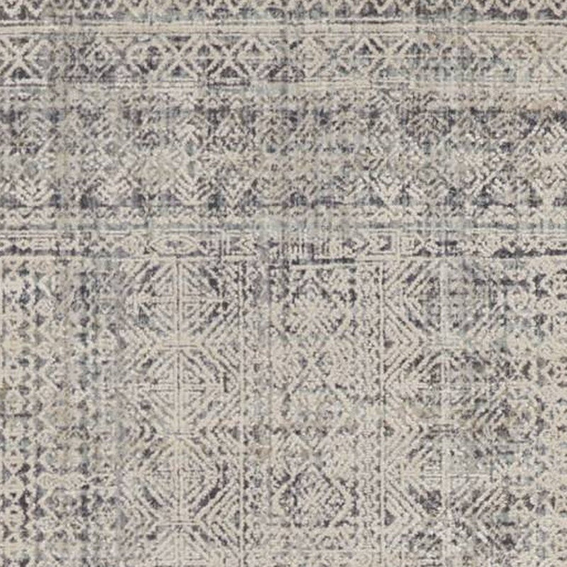 10' Ivory And Blue Geometric Distressed Runner Rug With Fringe