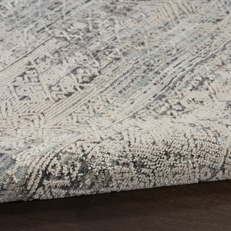 10' Ivory And Blue Geometric Distressed Runner Rug With Fringe