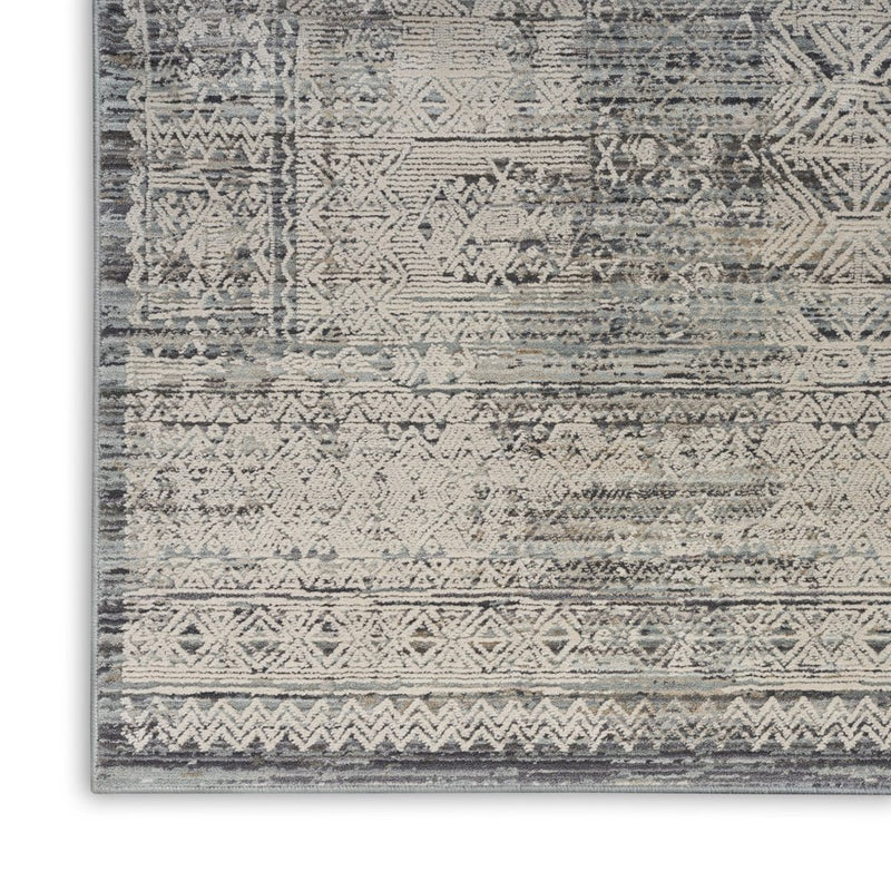 10' Ivory And Blue Geometric Distressed Runner Rug With Fringe