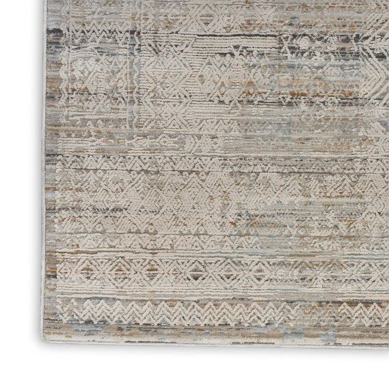 10' Ivory Brown And Gray Geometric Distressed Runner Rug With Fringe