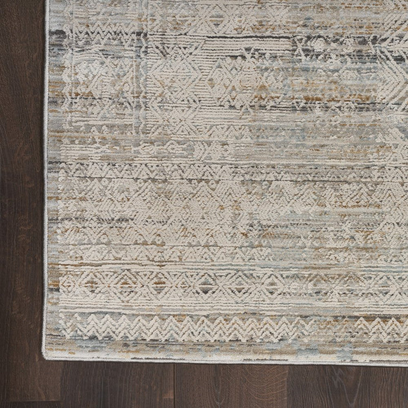 10' Ivory Brown And Gray Geometric Distressed Runner Rug With Fringe