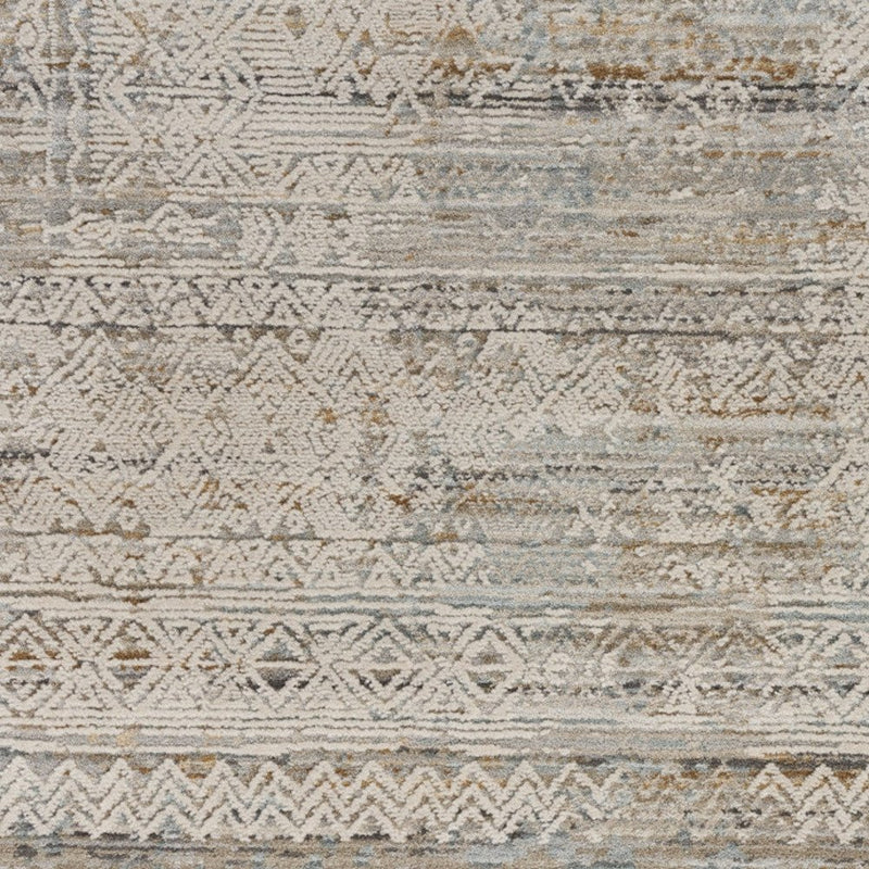 10' Ivory Brown And Gray Geometric Distressed Runner Rug With Fringe