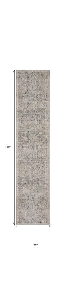 10' Ivory Black And Taupe Southwestern Distressed Runner Rug With Fringe