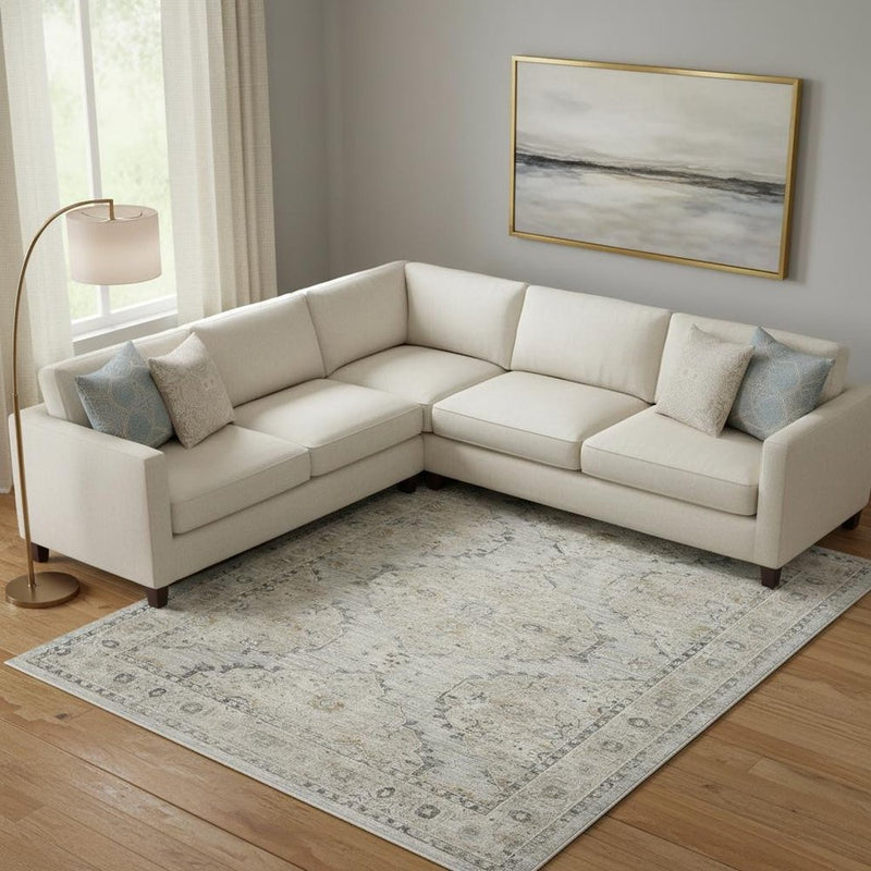 8' X 10' Beige And Blue Floral Medallion Distressed Area Rug With Fringe