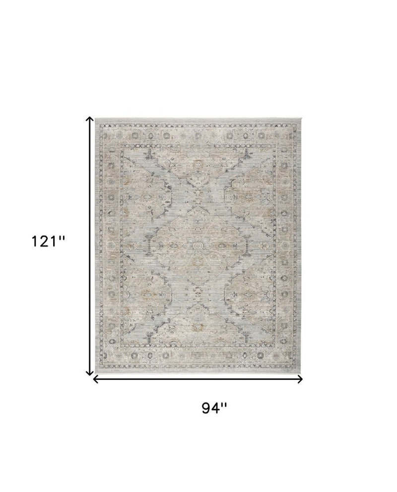 8' X 10' Beige And Blue Floral Medallion Distressed Area Rug With Fringe