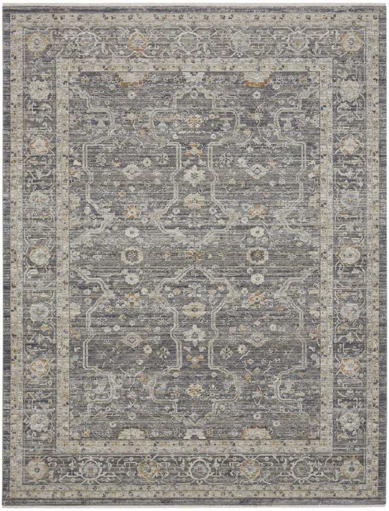 8' X 10' Slate Gray Brown And Ivory Floral Distressed Area Rug With Fringe