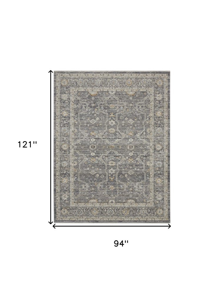 8' X 10' Slate Gray Brown And Ivory Floral Distressed Area Rug With Fringe