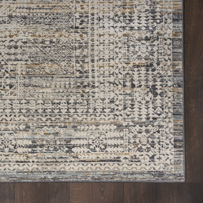 12' Ivory And Slate Gray Oriental Distressed Runner Rug With Fringe