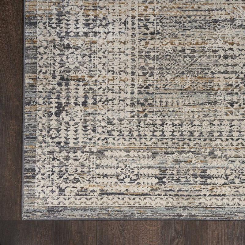12' Ivory And Slate Gray Oriental Distressed Runner Rug With Fringe