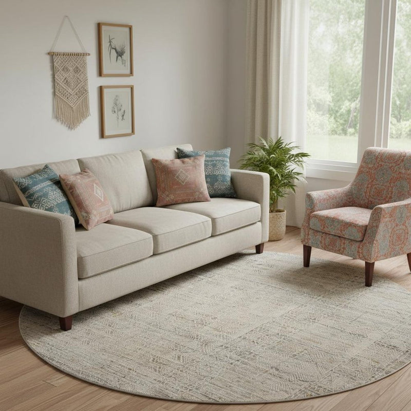 8' Ivory Brown And Gray Geometric Distressed Round Rug With Fringe