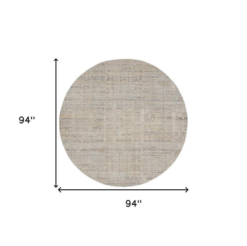 8' Ivory Brown And Gray Geometric Distressed Round Rug With Fringe