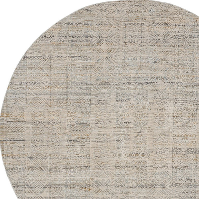 8' Ivory Brown And Gray Geometric Distressed Round Rug With Fringe