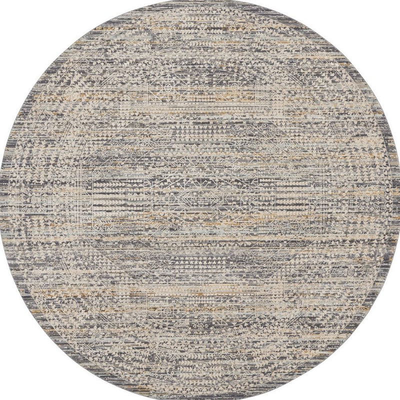8' Ivory And Slate Gray Oriental Distressed Round Rug With Fringe