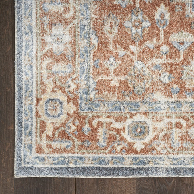 2' X 4' Blue and Orange Floral Medallion Power Loom Distressed Washable Area Rug