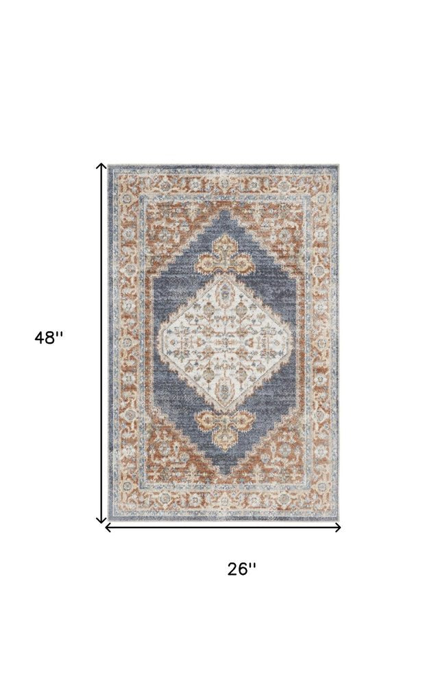 2' X 4' Blue and Orange Floral Medallion Power Loom Distressed Washable Area Rug
