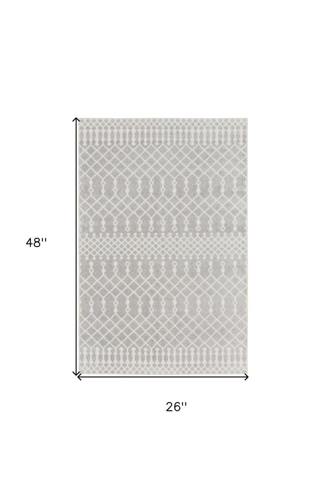 2' X 4' Gray and Ivory Moroccan Power Loom Washable Area Rug
