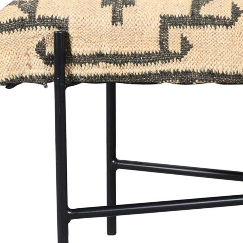 48" Cream And Black Southwest Jute Fabric Wool And Steel Upholstered Bench