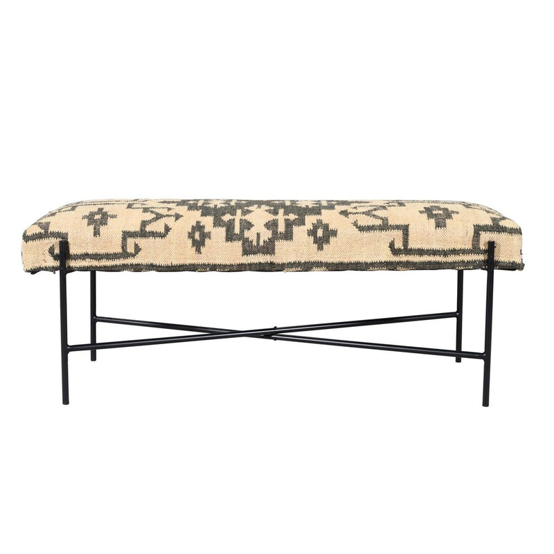48" Cream And Black Southwest Jute Fabric Wool And Steel Upholstered Bench