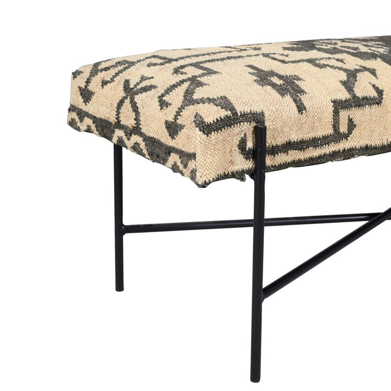 48" Cream And Black Southwest Jute Fabric Wool And Steel Upholstered Bench