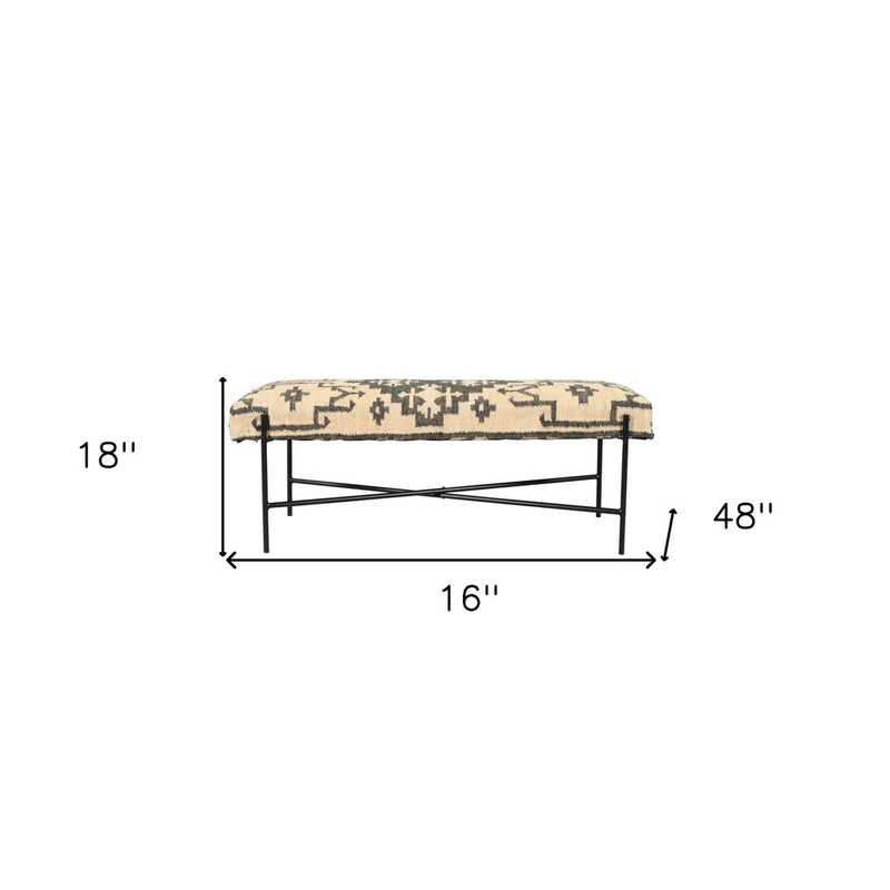 48" Cream And Black Southwest Jute Fabric Wool And Steel Upholstered Bench