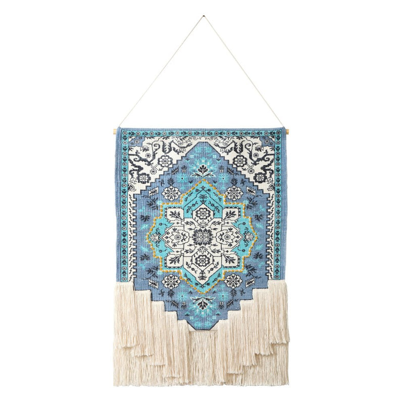 45" X 26" Blue Aqua And Ivory Flower Floral Cotton Macrame Hanging Tapestry