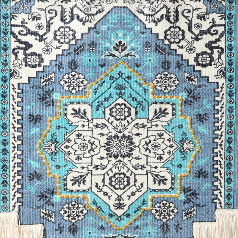 45" X 26" Blue Aqua And Ivory Flower Floral Cotton Macrame Hanging Tapestry