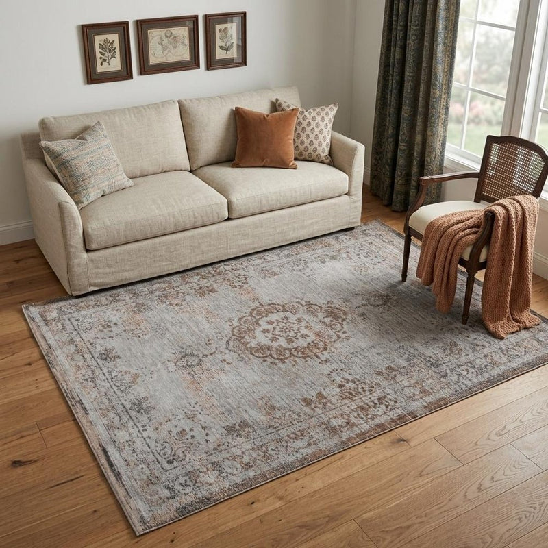 3' X 5' Gray and Beige Medallion Non Skid Area Rug