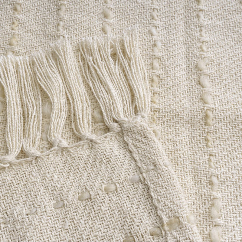 50" X 60" White and Beige Cotton Blend Woven Striped Throw Blanket with Fringe