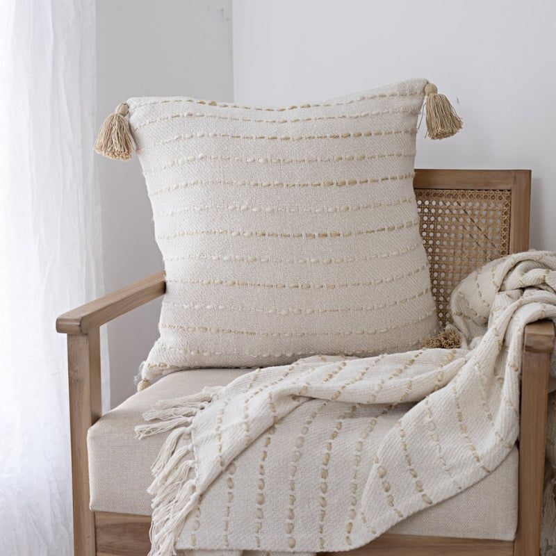 50" X 60" White and Beige Cotton Blend Woven Striped Throw Blanket with Fringe