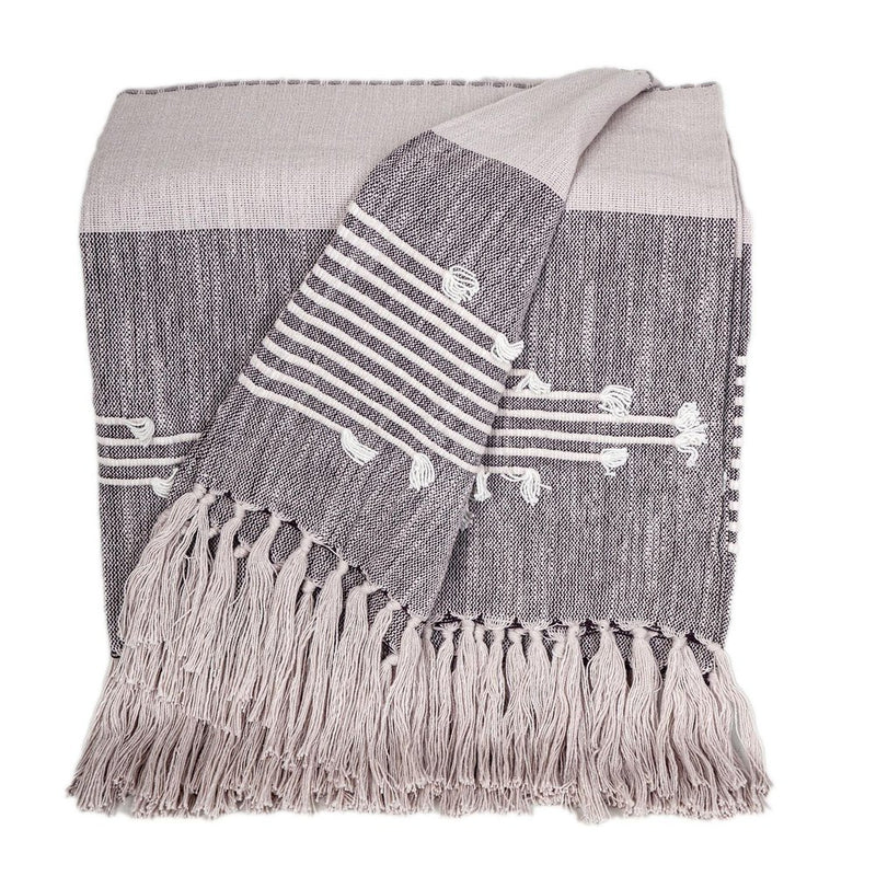 50" X 60" Gray Woven Cotton Striped Throw Blanket with Tassels and Embroidery