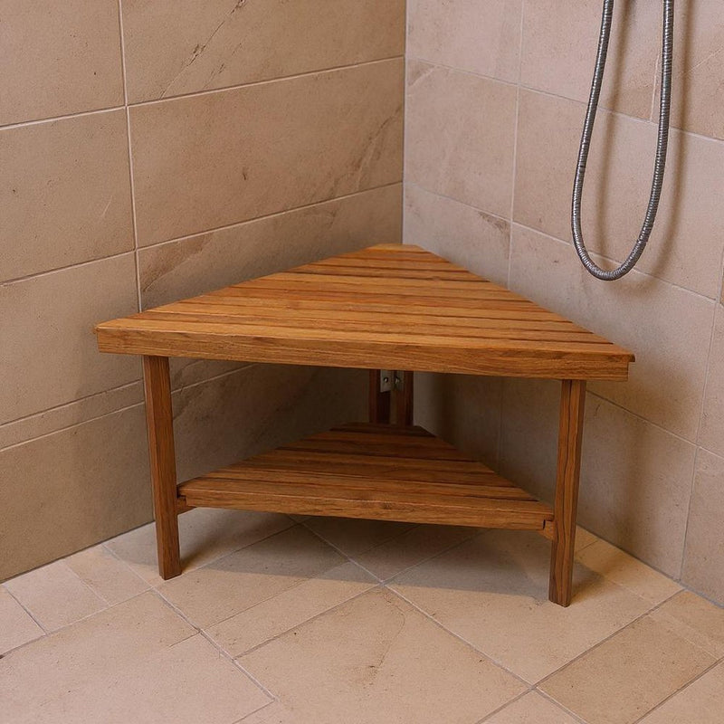 18" X 31" Brown Teak Corner Shower Bench With Shelf