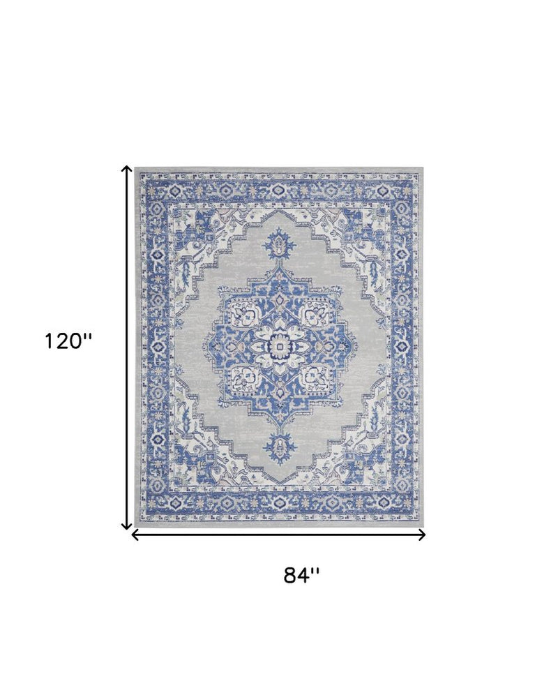 7' X 10' Ivory Blue and Gray Floral Medallion Distressed Non Skid Area Rug
