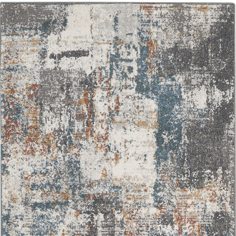 8' Ivory Blue And Gray Abstract Runner Rug