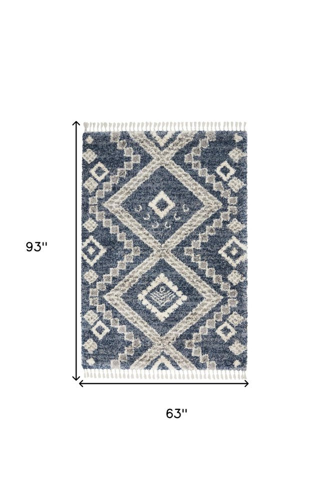 5' X 8' Denim Blue And Ivory Geometric Shag Non Skid Area Rug