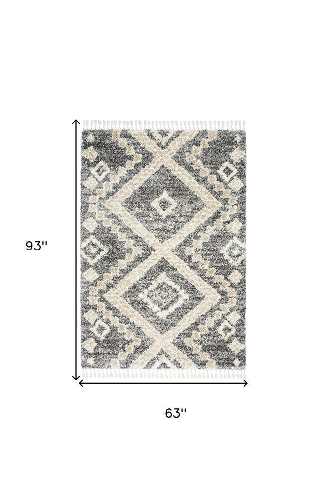5' X 8' Ivory And Gray Geometric Shag Non Skid Area Rug