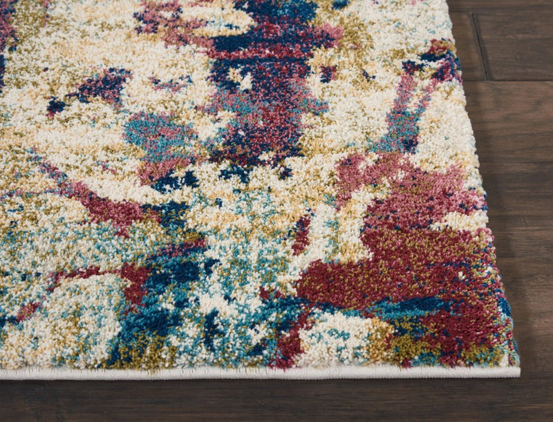 8' Cream Blue and Green Abstract Distressed Runner Rug