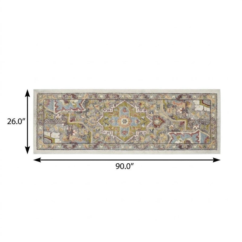 8' Ivory Green and Gray Floral Runner Rug