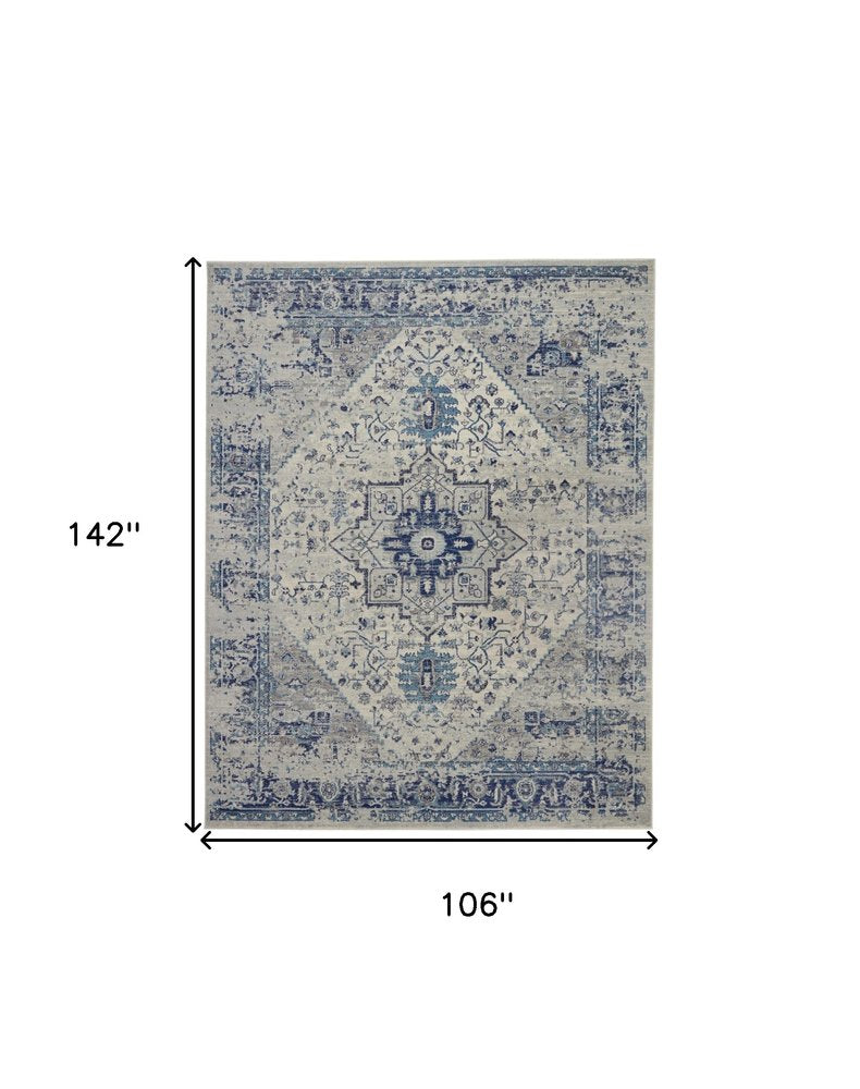 8' X 10' Ivory And Light Blue Floral Medallion Distressed Area Rug