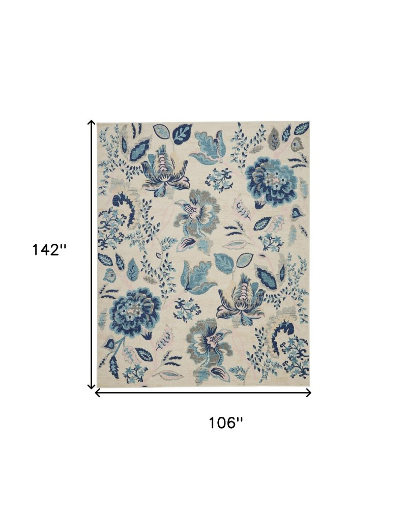 9' X 12' Ivory And Blue Floral Area Rug