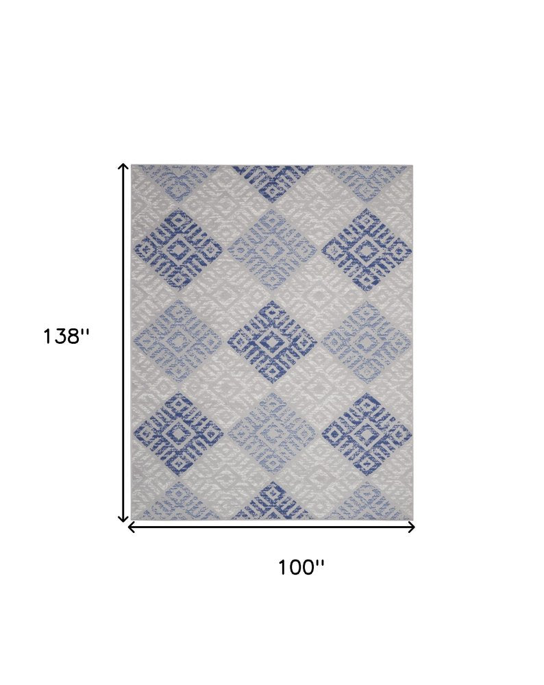 8' X 12' Ivory Blue And Gray Geometric Distressed Area Rug