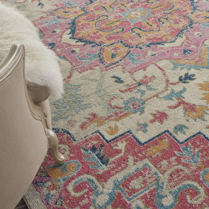 9' X 12' Ivory Pink And Red Floral Medallion Area Rug