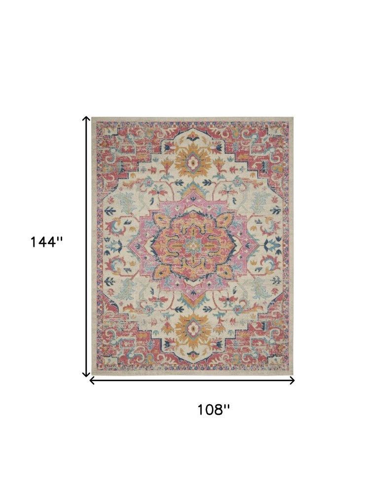 9' X 12' Ivory Pink And Red Floral Medallion Area Rug