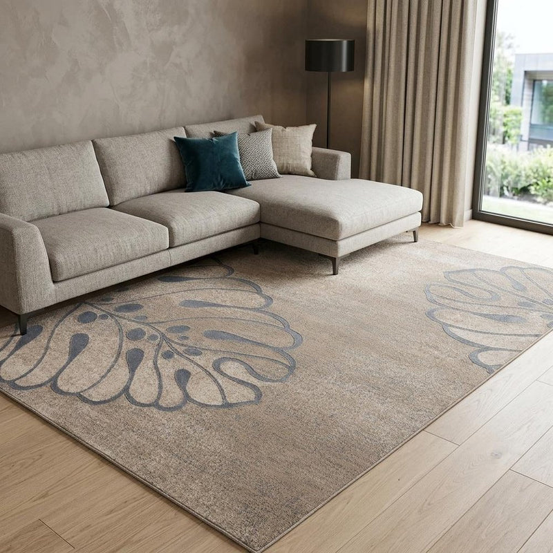 9' X 13' Beige and Gray Botanical Leaves Non Skid Area Rug
