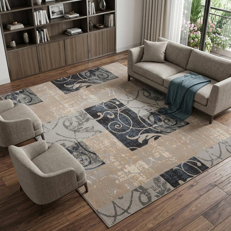 9' X 13' Tan Black and Ivory Floral Vines Non Skid Area Rug