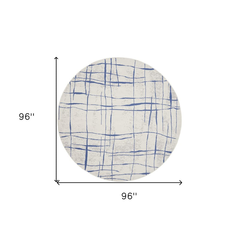 8' Ivory and Blue Abstract Distressed Non Skid Runner Rug