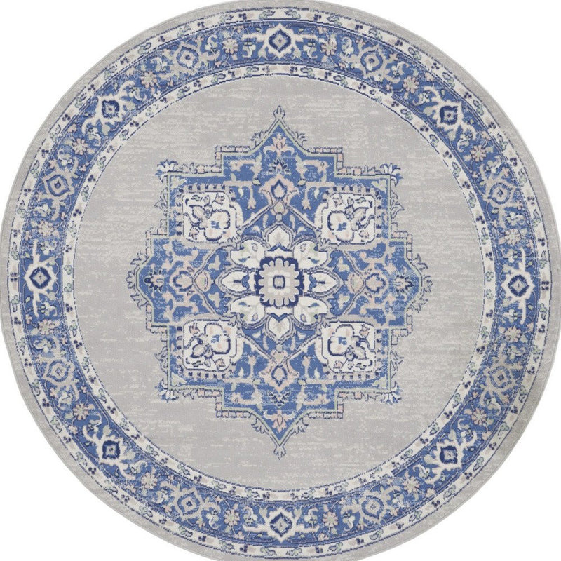 8' Ivory Blue and Gray Floral Round Rug